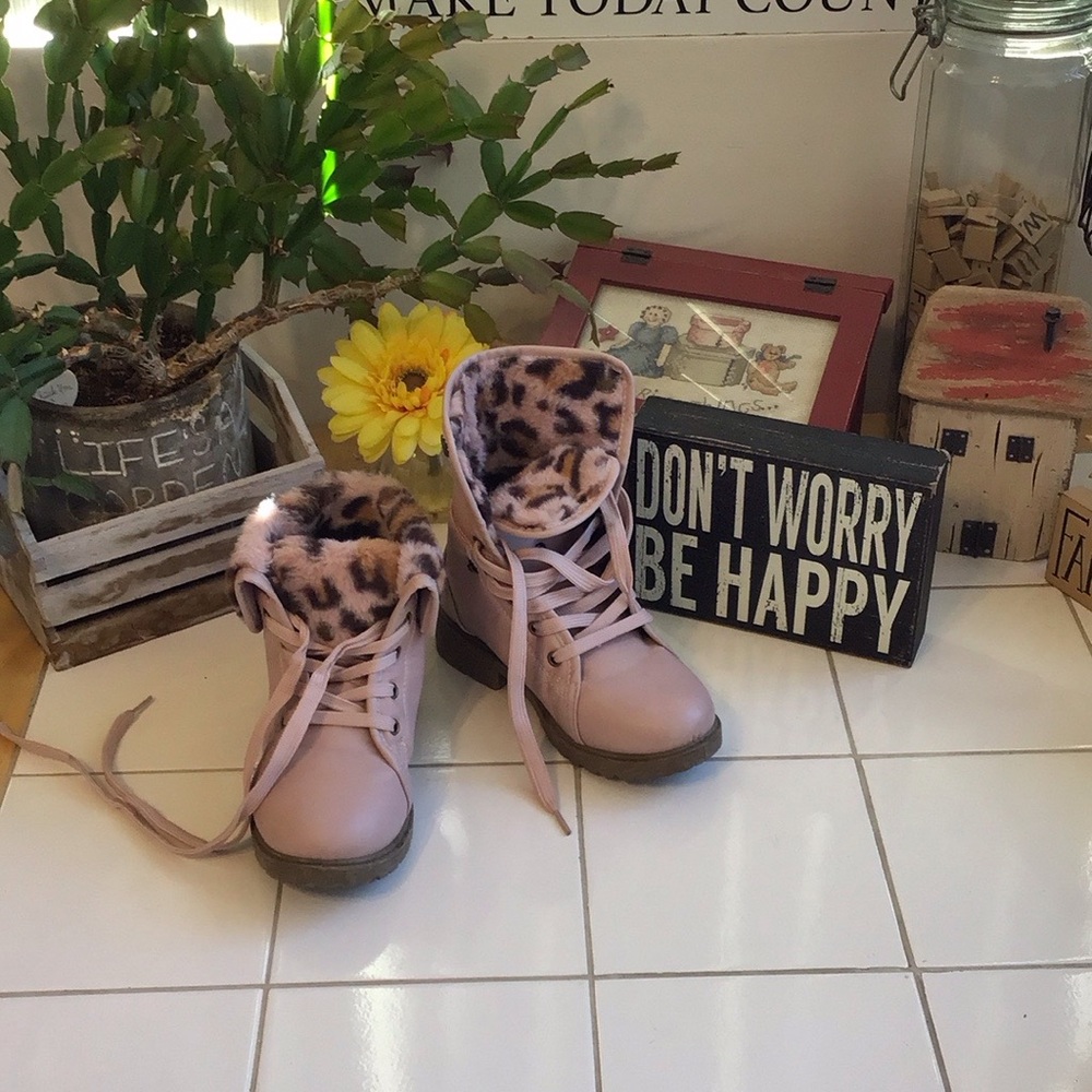 ‘Olivia Miller Girl’ Blush Animal Faux Fur Combat Boots
